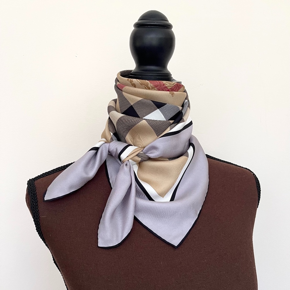 New Burberry Scarf Beige Check Gray Border Silk Wrap - Picture 12 of 15